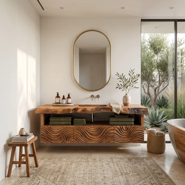 Organic Modern Floating Bathroom Vanity Wave Carved Drawers For Spa