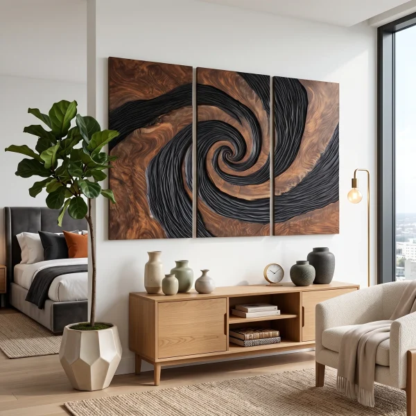 Organic Modern Spiral Triptych 3D Wall Art Urban Loft