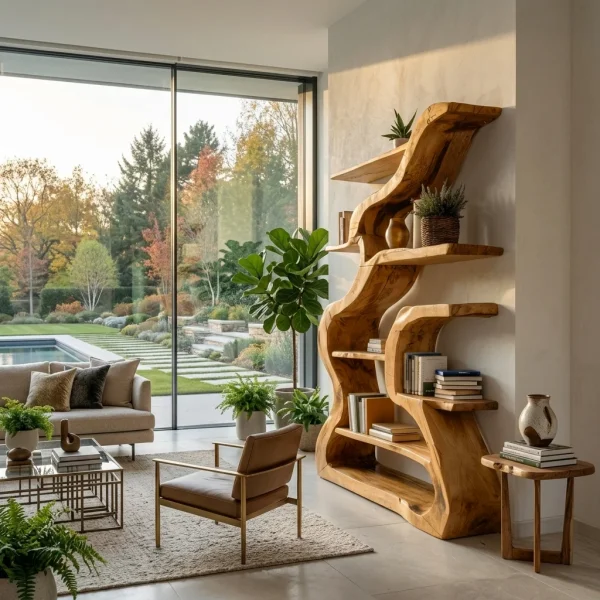 Organic Sculptural Bookshelf With Curved Design For Living Room