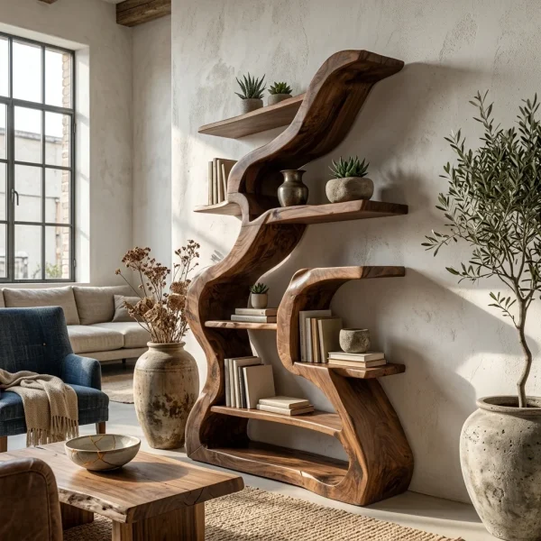 Organic Sculptural Bookshelf With Curved Design For Living Room