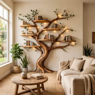 Organic Tree Bookshelf Living Room Interior Sculptural Wall Display