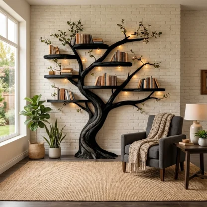 Organic Tree Bookshelf Living Room Interior Sculptural Wall Display