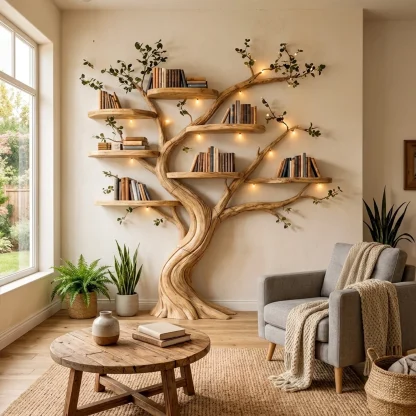 Organic Tree Bookshelf Living Room Interior Sculptural Wall Display