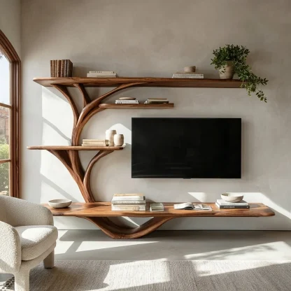 Organic TV Stand With Sculptural Branch Shelves For Living Room
