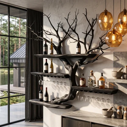 Organic Wine Storage Rack With Flowing Tree Limb Design For Dining Room