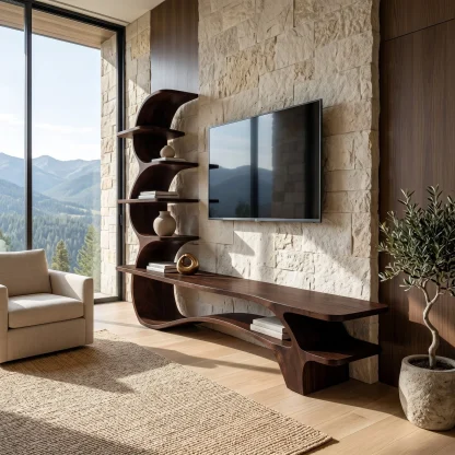 Organic Wood TV Stand With Side Curved Shelf For Living