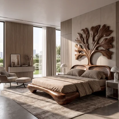 Organic Wooden Bed Frame With Artistic Tree Silhouette Headboard For Bedroom