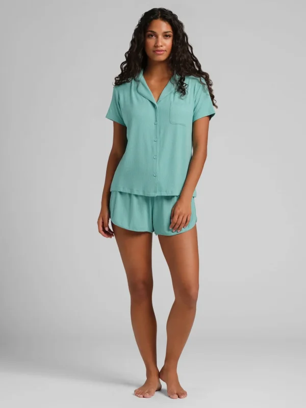 Ribbed Short-Sleeve Pajama Set - Black