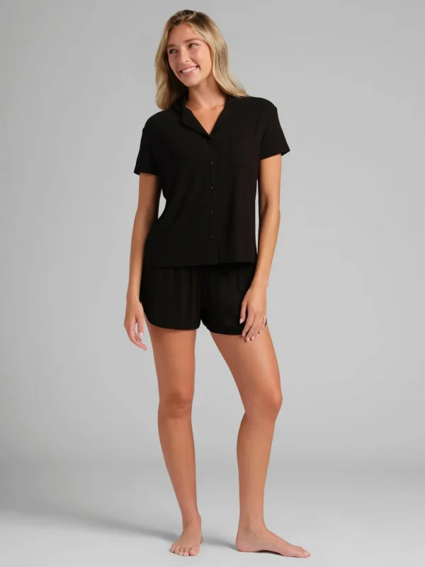 Ribbed Short-Sleeve Pajama Set - Black