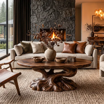 Rustic Coffee Table With Tree Root Inspired Base For Living Room
