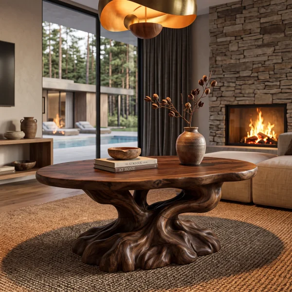 Rustic Coffee Table With Tree Root Inspired Base For Living Room