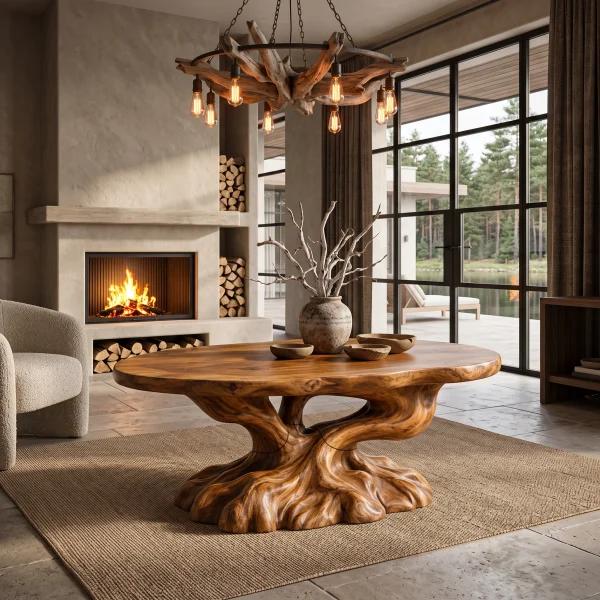 Rustic Coffee Table With Tree Root Inspired Base For Living Room