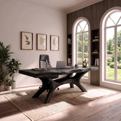 Rustic Dark Office Desk With Sculptural Arch Legs For Home Office