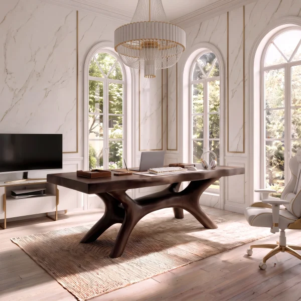 Rustic Dark Office Desk With Sculptural Arch Legs For Home Office