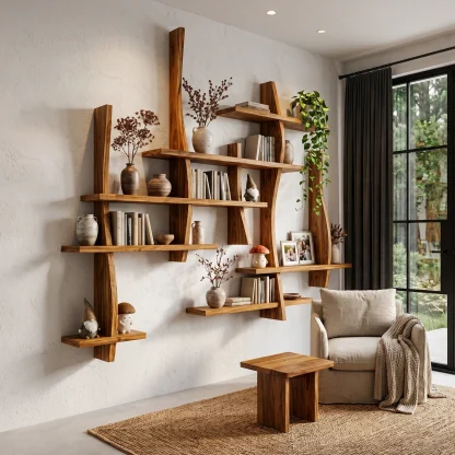 Rustic Floating Bookshelf With Layered Display Shelves For Home Library