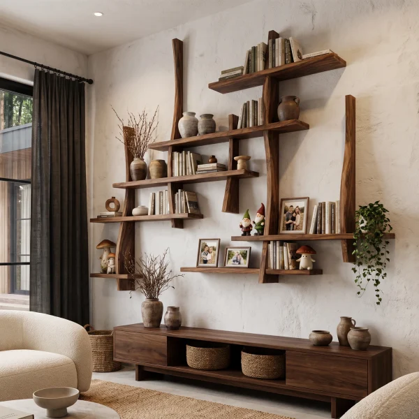 Rustic Floating Bookshelf With Layered Display Shelves For Home Library