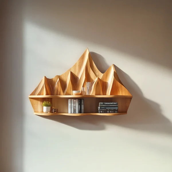 Rustic Floating Shelf With Sculptural Mountain Relief For Bedroom