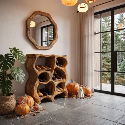 Rustic Halloween Multi Tier Shoe Rack With Carved Hollow Design For Entryway