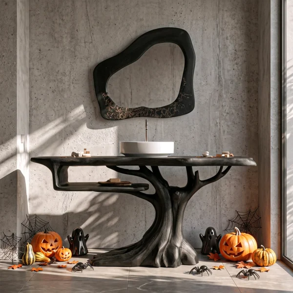 Rustic Halloween Wooden Bathroom Vanity With Branch Inspired Frame For Bathroom