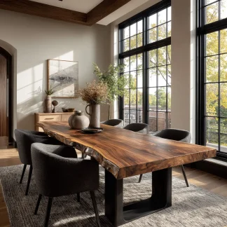 Rustic Natural Wood Dining Table U-Shaped Base For Dining Room