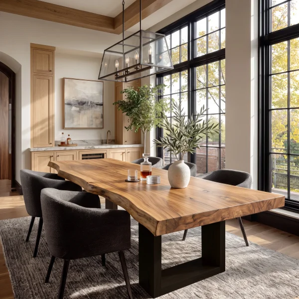 Rustic Natural Wood Dining Table U-Shaped Base For Dining Room