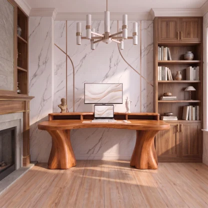 Rustic Solid Wood Desk With Tree Trunk Inspired Legs For Home Office