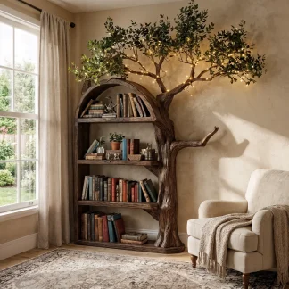 Rustic Tree Bookshelf Living Room Wall Display