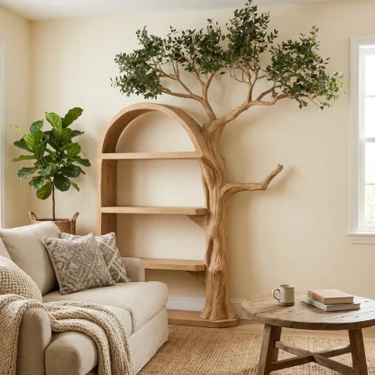 Rustic Tree Bookshelf Living Room Wall Display