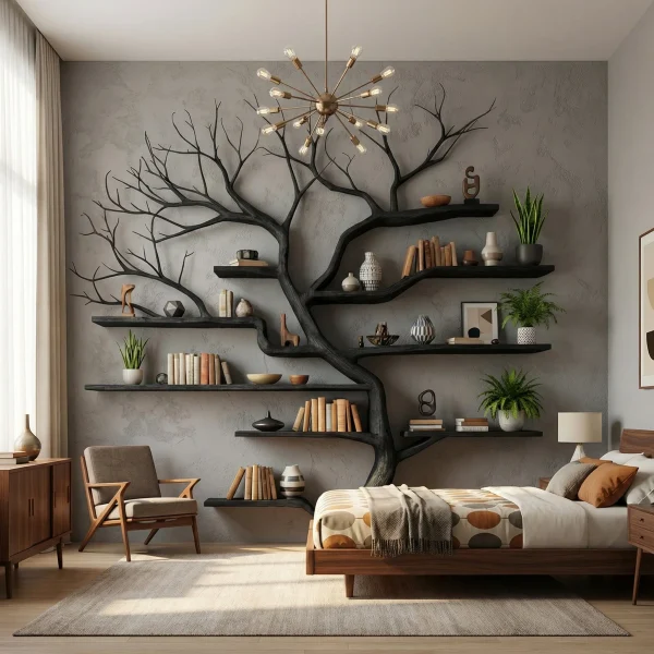 Rustic Tree Branch Bookshelf Living Wall