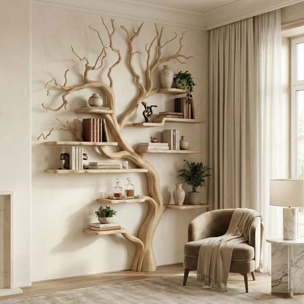 Rustic Tree Branch Bookshelf Living Wall