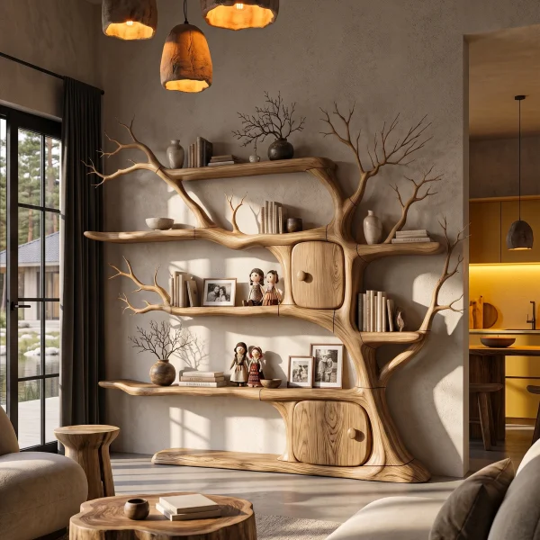 Rustic Wall Mounted Tree Bookshelf With Trunk Inspired Cabinet For Reading Room