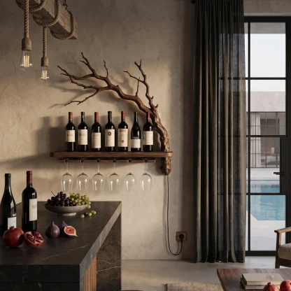 Rustic Wall Mounted Wine Rack With Wine Glass Holder For Dining Room And Home Bar