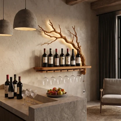 Rustic Wall Mounted Wine Rack With Wine Glass Holder For Dining Room And Home Bar