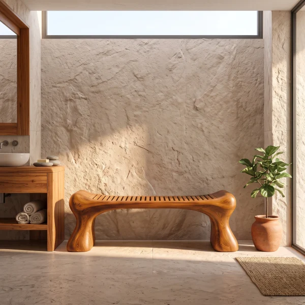 Rustic Wooden Shower Bench With Thick Sculpted Legs For Bathroom