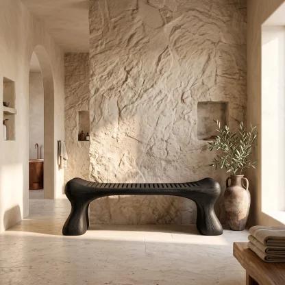 Rustic Wooden Shower Bench With Thick Sculpted Legs For Bathroom