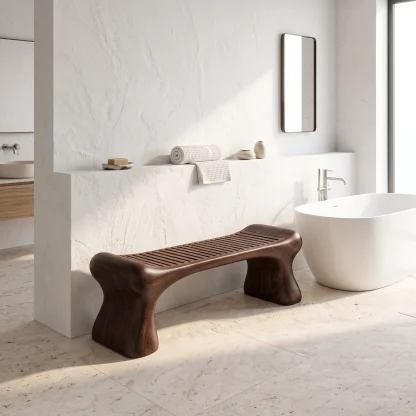 Rustic Wooden Shower Bench With Thick Sculpted Legs For Bathroom