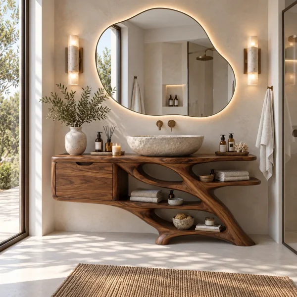 Sculptural Bathroom Vanity Branch Shelving With Cabinet For Designer Homes
