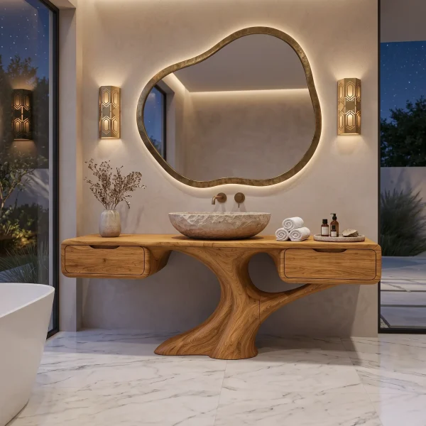 Sculptural Bathroom Vanity Branch Storage For Luxury Primary Suite