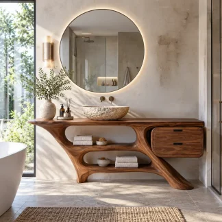 Sculptural Bathroom Vanity Flowing Shelves With Drawer For Modern Spaces