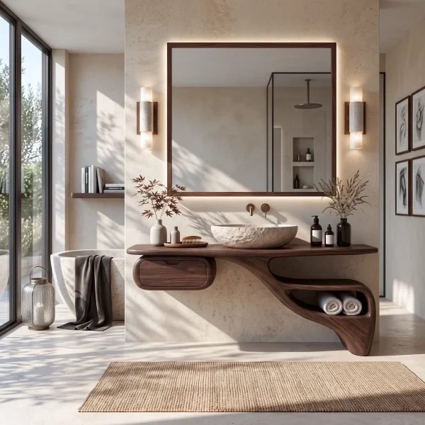 Sculptural Bathroom Vanity Flowing Shelves With Storage For Luxury Bathroom