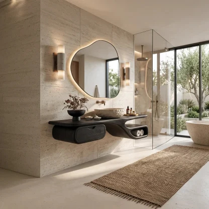 Transitional Floating Bathroom Vanity Curved Storage For Modern Bathroom