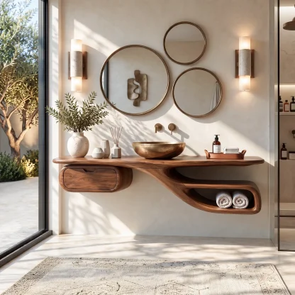 Transitional Floating Bathroom Vanity Curved Storage For Modern Bathroom