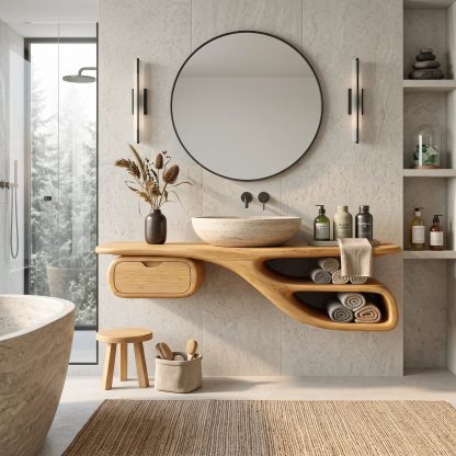 Transitional Floating Bathroom Vanity Curved Storage For Modern Bathroom