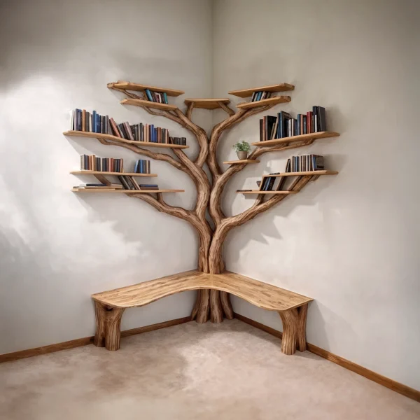 Tree Floating Corner Bookshelf With Corner Bench Lshaped