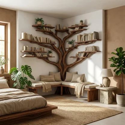 Tree Floating Corner Bookshelf With Corner Bench Lshaped