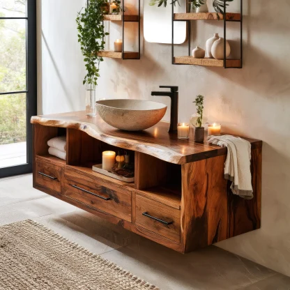 Vareon Live Edge Solid Wood Floating Bathroom Vanity With Drawers
