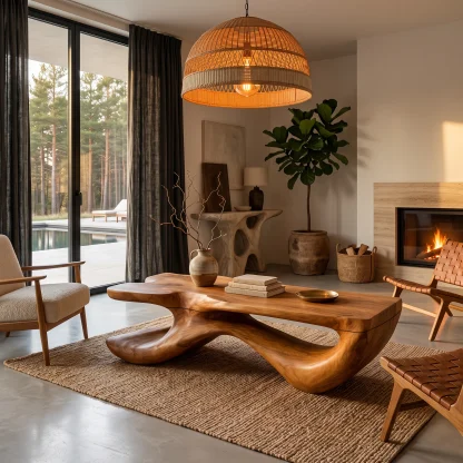 Wooden Coffee Table With Freeform Top Design For Living Room