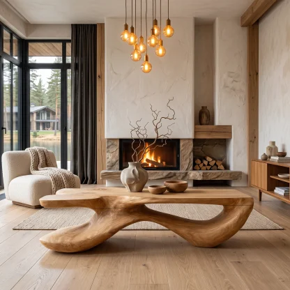 Wooden Coffee Table With Freeform Top Design For Living Room